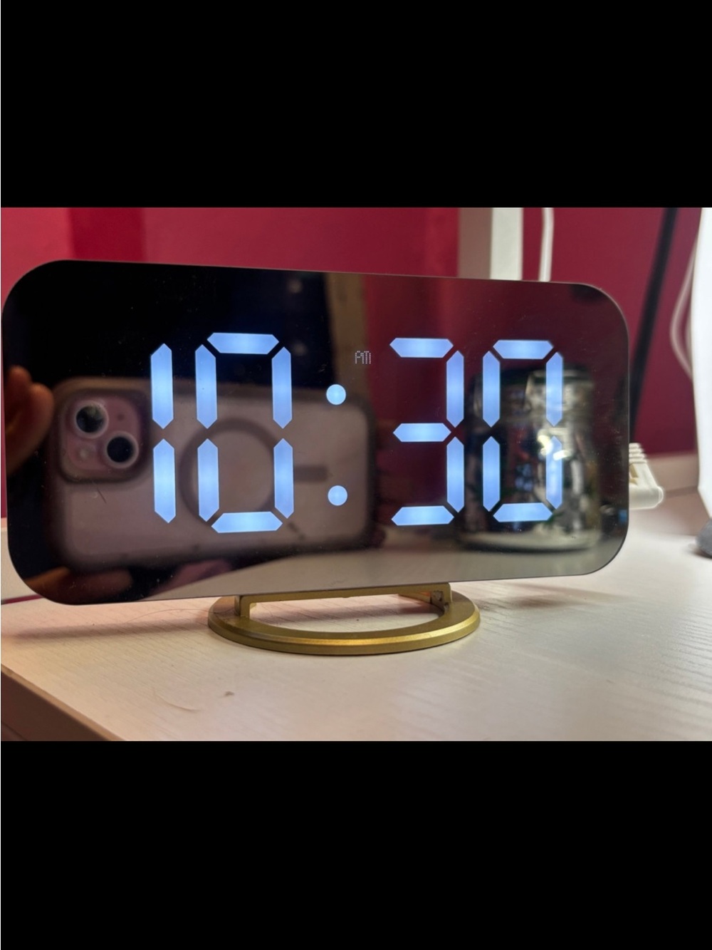 Source Unknown LED Mirror Alarm Clock with Blue Display and Gold Base